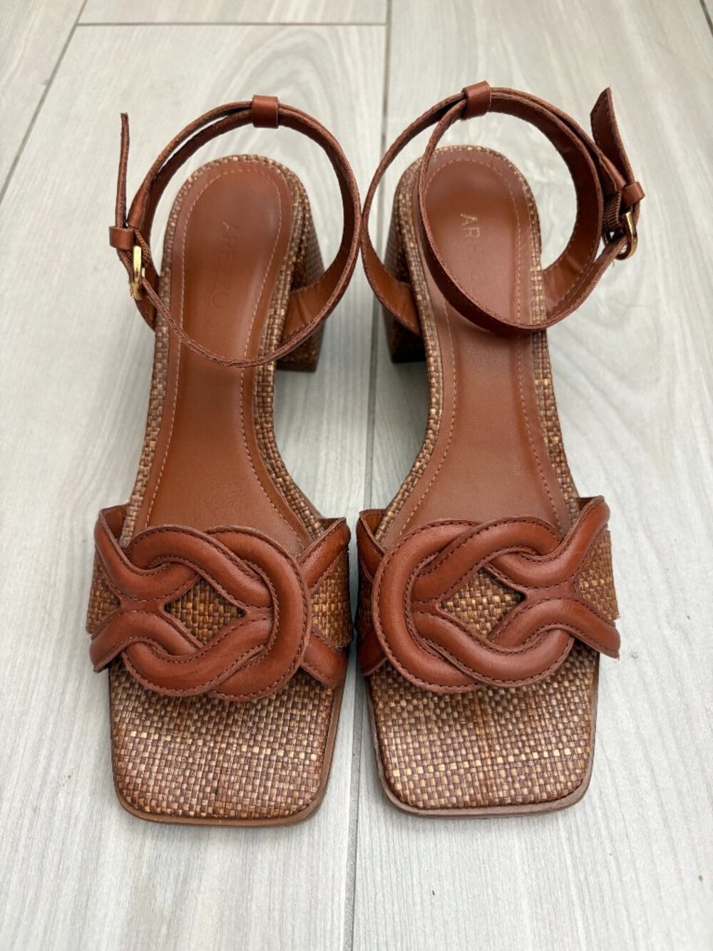 Arezzo Woven Raffia & Leather Mid‑Heel Sandals, Roast Caramel, Size 7B (W/ Box)
